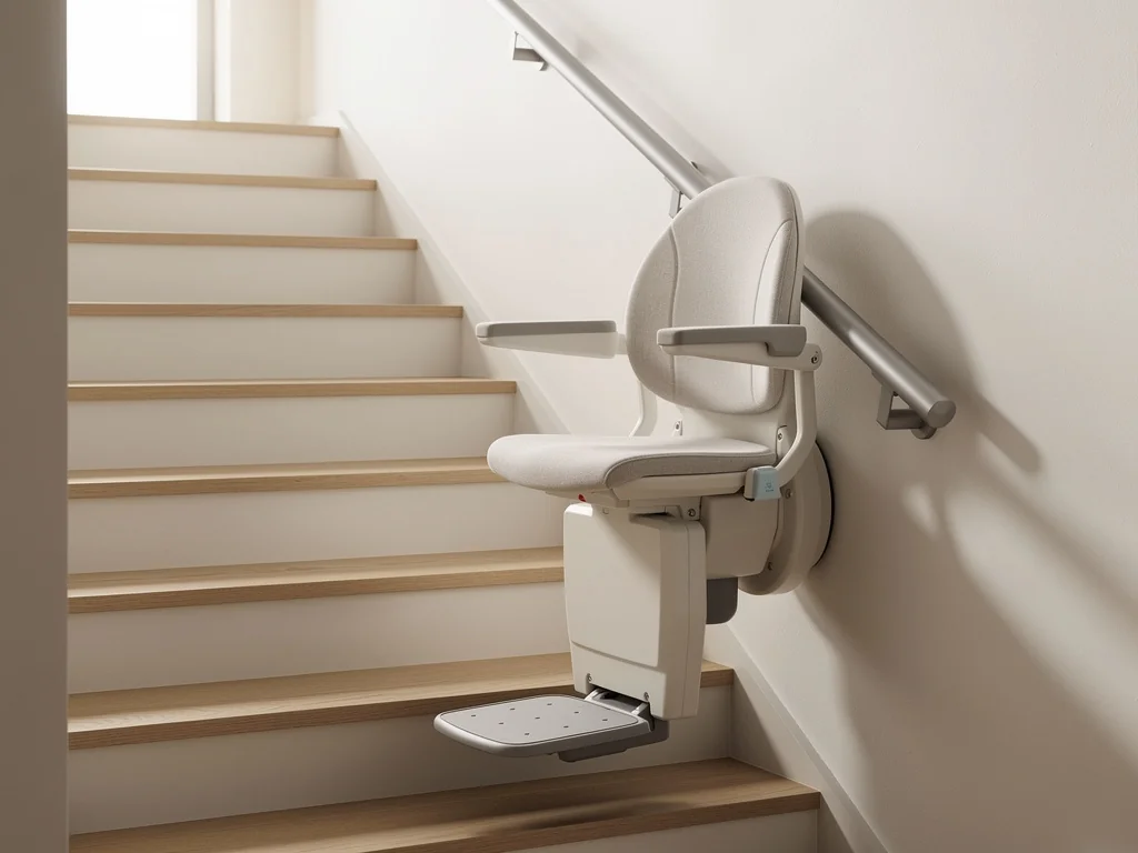 Fauteuil de monte-escalier droit glissant sur un rail le long d'un escalier clair
