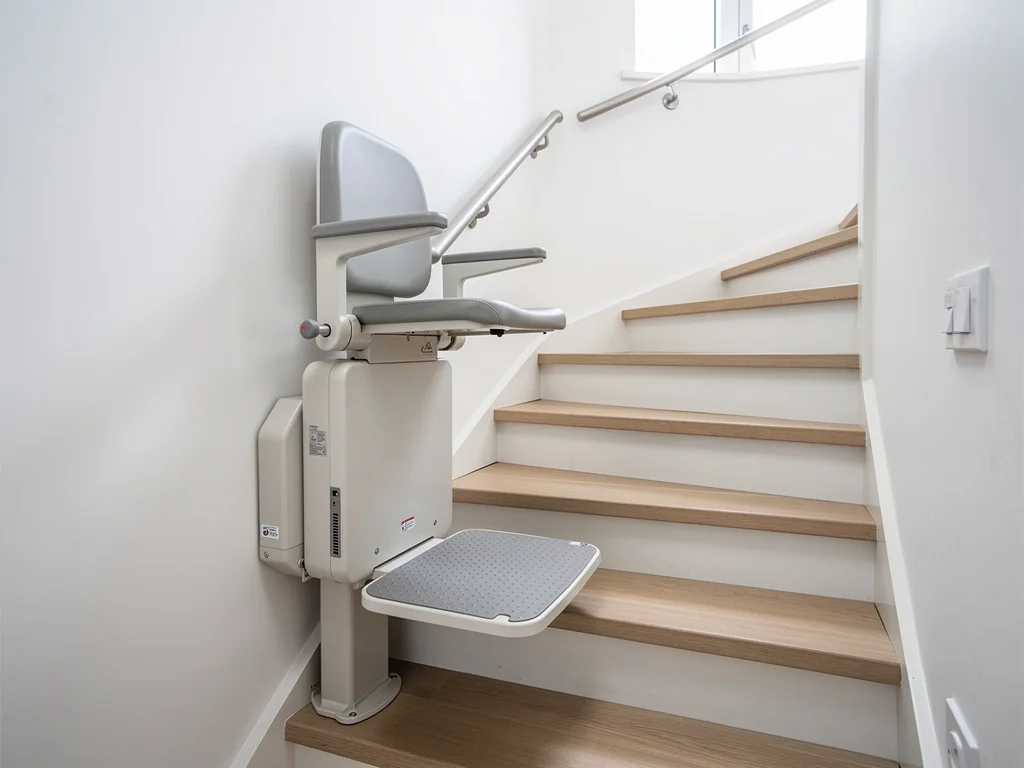 Petit monte-escalier debout dans un escalier resserré et pentu