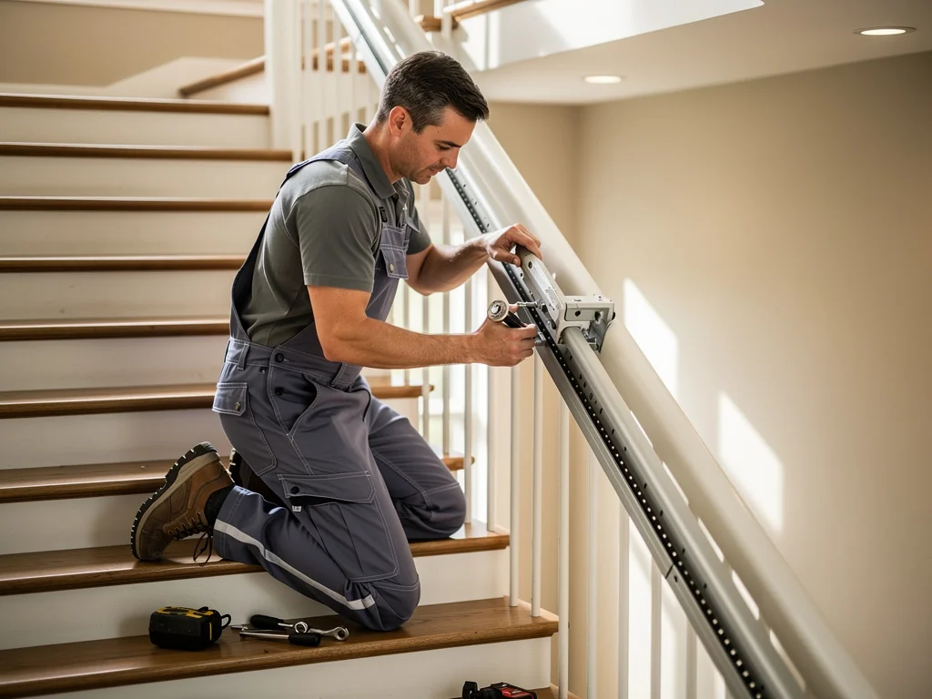 Installateur ajustant le rail d'un monte-escalier sur les marches